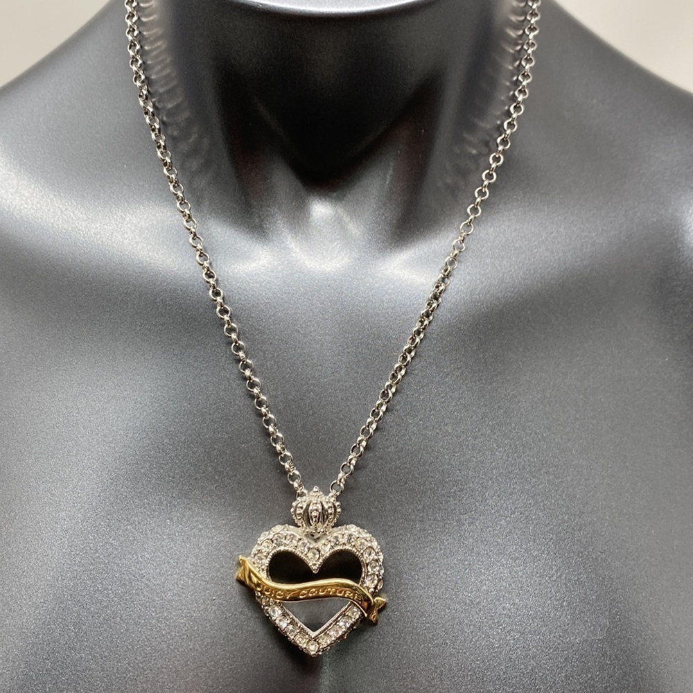 Juicy Couture Silver Necklace with Rhinestone Crown Heart with Gold Ribbon RARE
